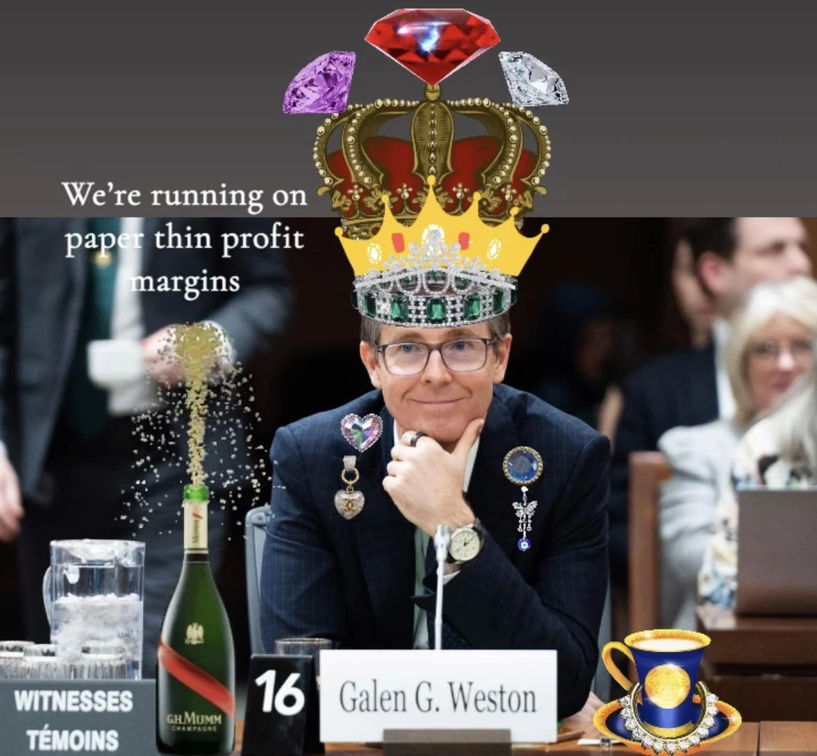 Galen Weston wearing a crown, next to a champagne bottle